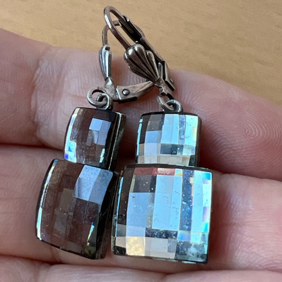 VINTAGE ANNE KOPLIK DESIGN MIRRORED FACETED GLASS DROP DANGLE EARRINGS LEVERBACK - Picture 12 of 16